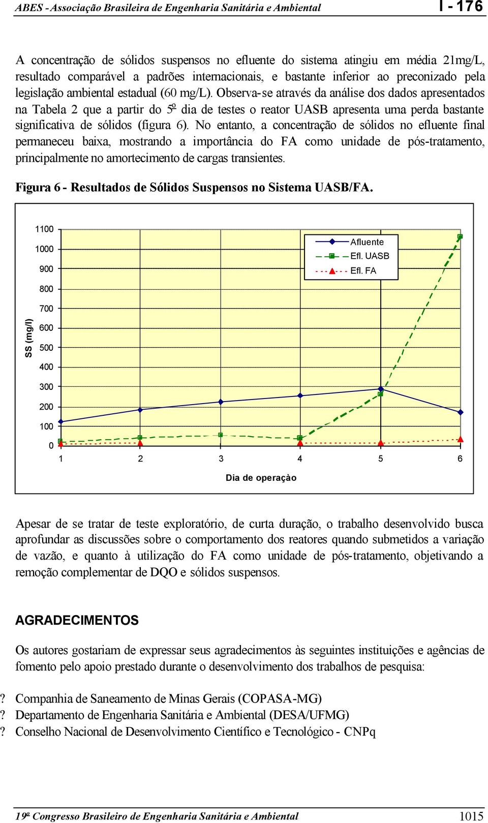 No entanto, a concentração de sólidos no efluente final permaneceu baixa, mostrando a importância do FA como unidade de pós-tratamento, principalmente no amortecimento de cargas transientes.