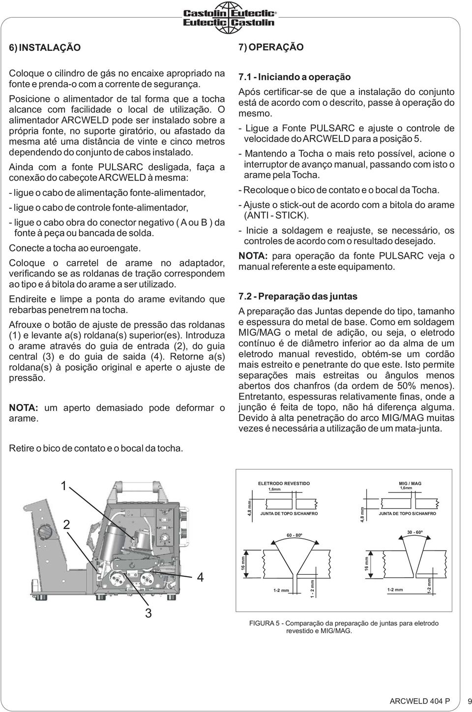 O alimentador ARCWELD pode ser instalado sobre a própria fonte, no suporte giratório, ou afastado da mesma até uma distância de vinte e cinco metros dependendo do conjunto de cabos instalado.