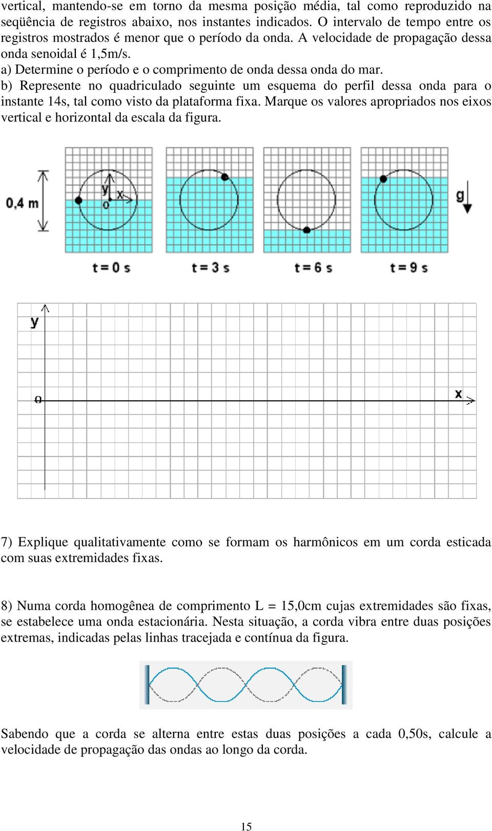 a) Determine o período e o comprimento de onda dessa onda do mar. b) Represente no quadriculado seguinte um esquema do perfil dessa onda para o instante 14s, tal como visto da plataforma fixa.