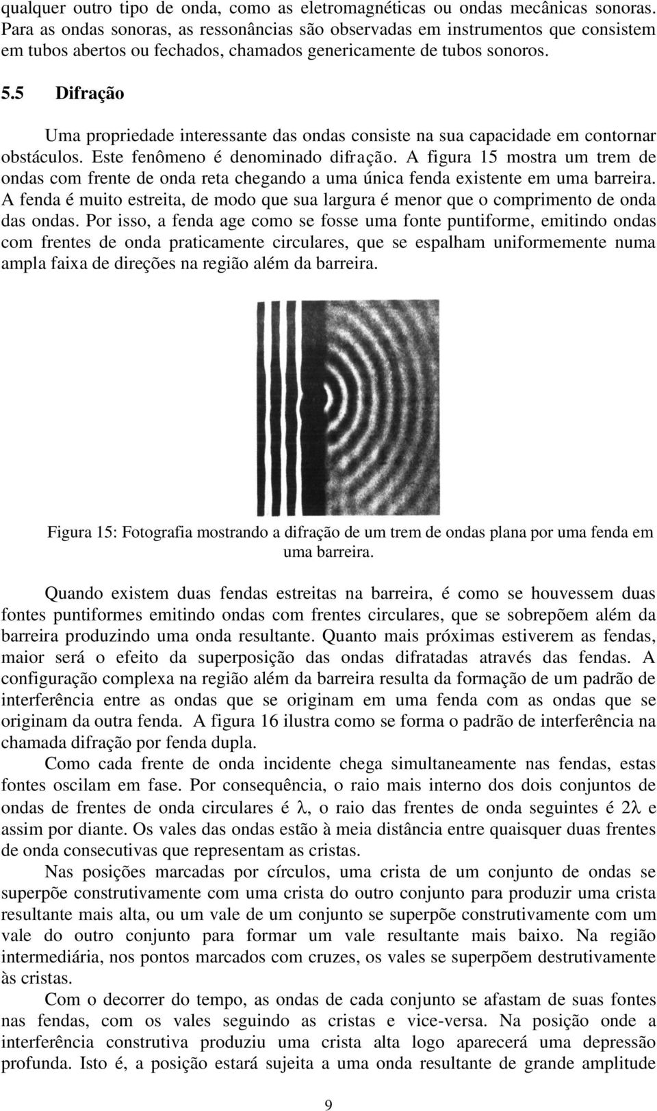 5 Difração Uma propriedade interessante das ondas consiste na sua capacidade em contornar obstáculos. Este fenômeno é denominado difração.