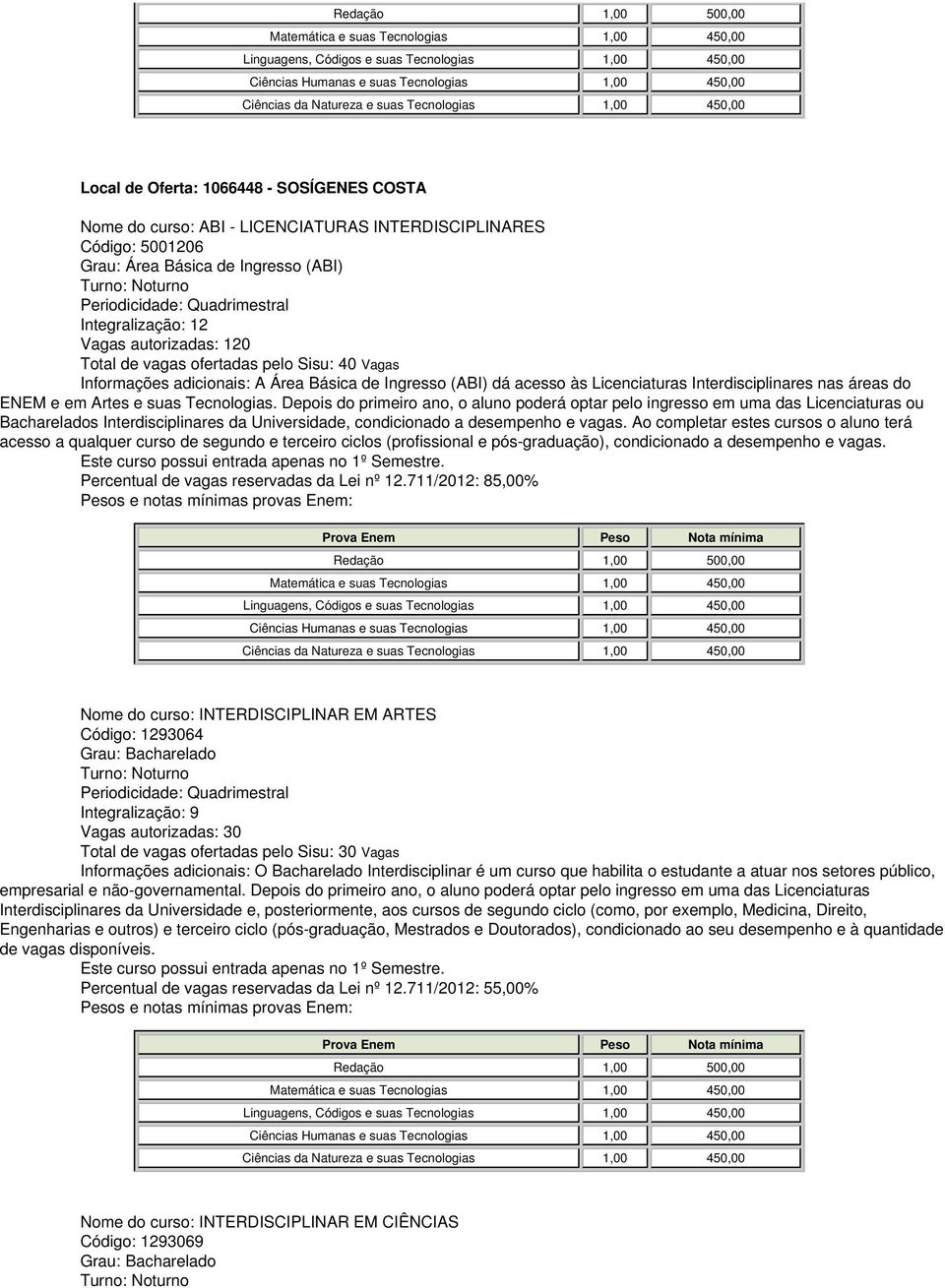 Depois do primeiro ano, o aluno poderá optar pelo ingresso em uma das Licenciaturas ou Bacharelados Interdisciplinares da Universidade, condicionado a desempenho e vagas.