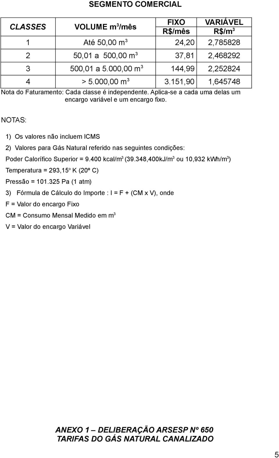 Aplica-se a cada uma delas um encargo variável e um encargo fixo. NOTAS: Poder Calorífico Superior = 9.400 kcal/m 3 (39.