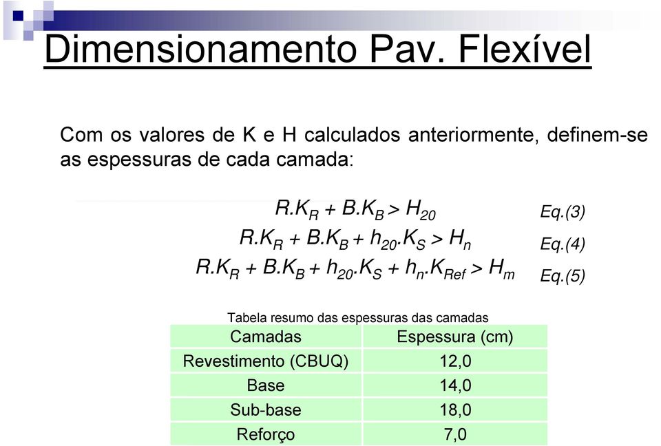 cada camada: R.K R + B.K B > H 20 R.K R + B.K B + h 20.K S > H n R.K R + B.K B + h 20.K S + h n.