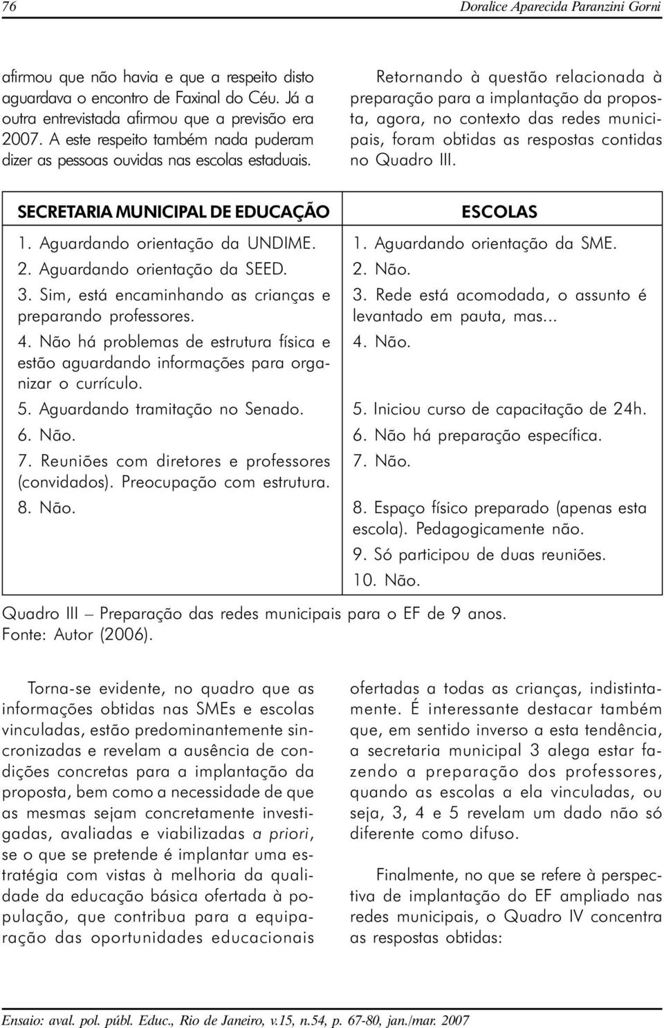 Retornando à questão relacionada à preparação para a implantação da proposta, agora, no contexto das redes municipais, foram obtidas as respostas contidas no Quadro III.