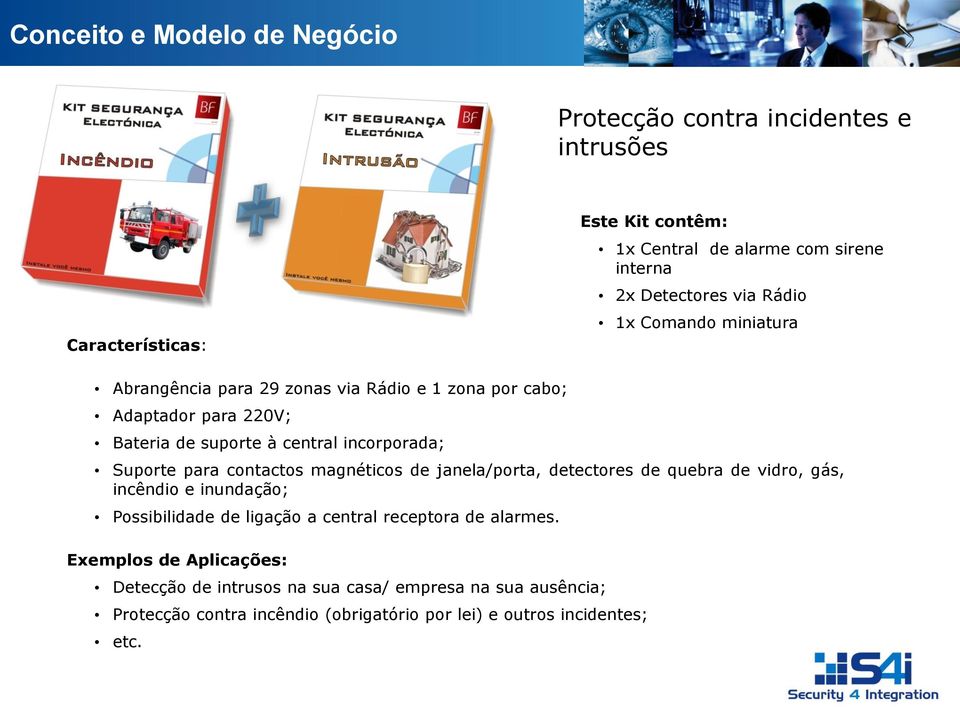 para contactos magnéticos de janela/porta, detectores de quebra de vidro, gás, incêndio e inundação; Possibilidade de ligação a central receptora de alarmes.