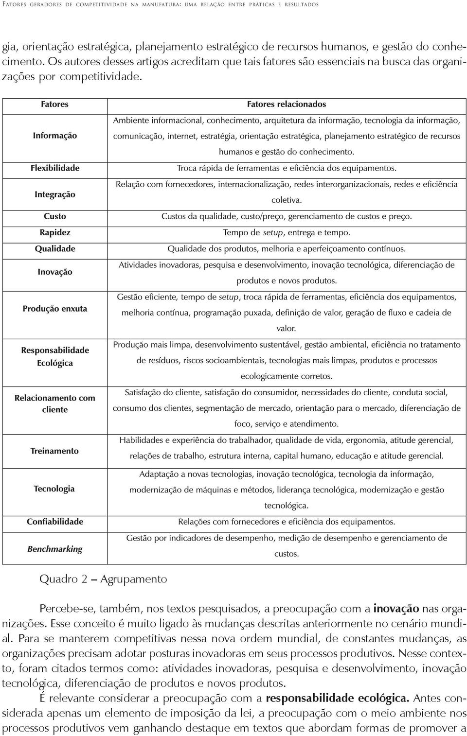 Quadro 2 Agrupamento Percebe-se, também, nos textos pesquisados, a preocupação com a inovação nas organizações. Esse conceito é muito ligado às mudanças descritas anteriormente no cenário mundial.