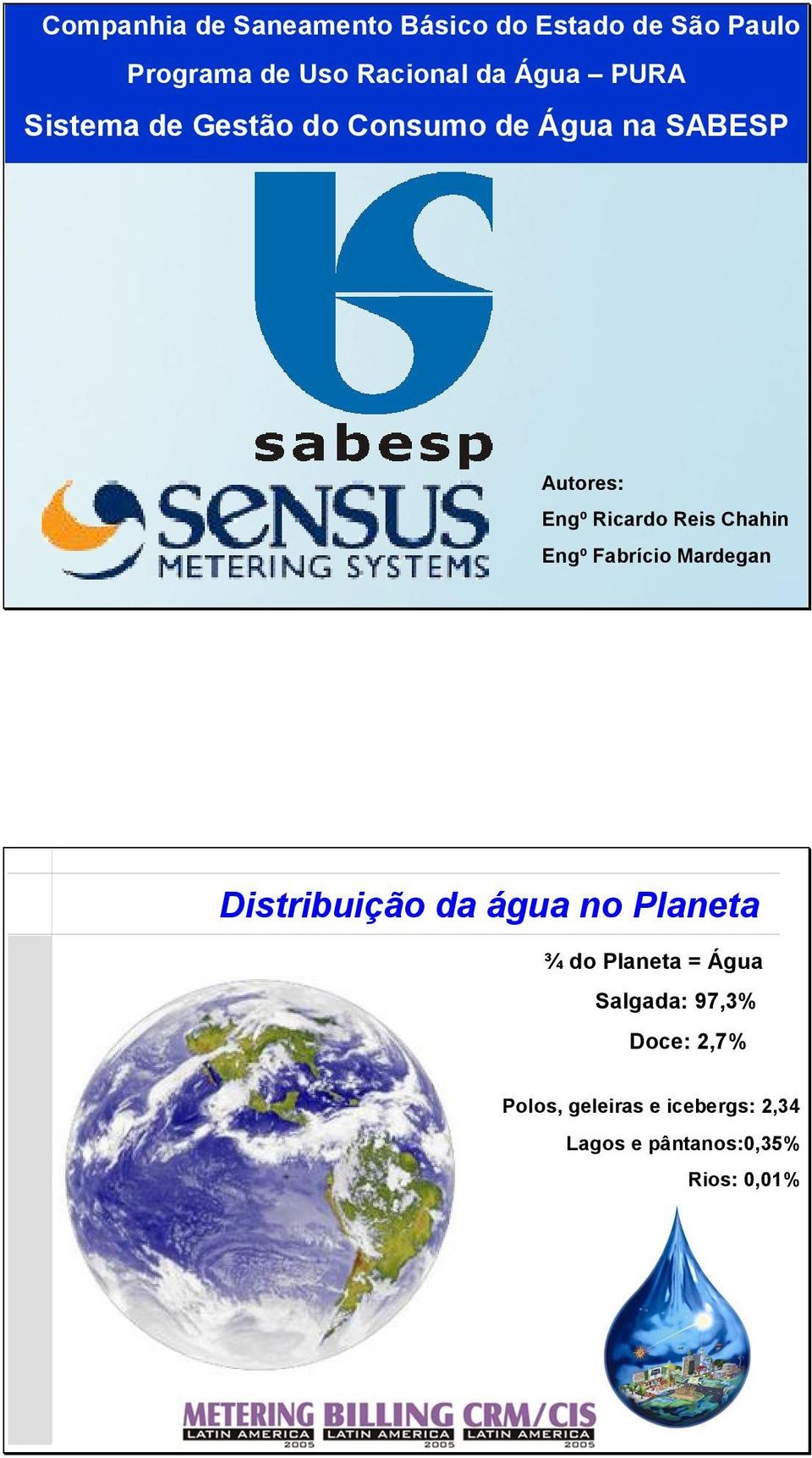 Chahin Engº Fabrício Mardegan Distribuição da água no Planeta ¾ do Planeta = Água