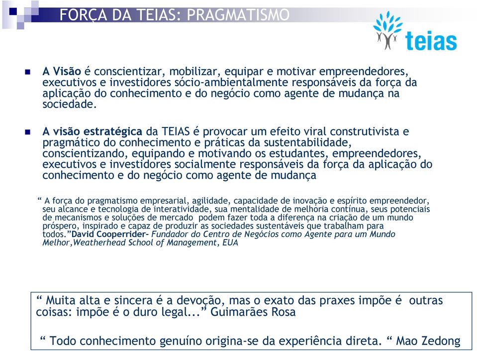 A visão estratégica da TEIAS é provocar um efeito viral construtivista e pragmático do conhecimento e práticas da sustentabilidade, conscientizando, equipando e motivando os estudantes,