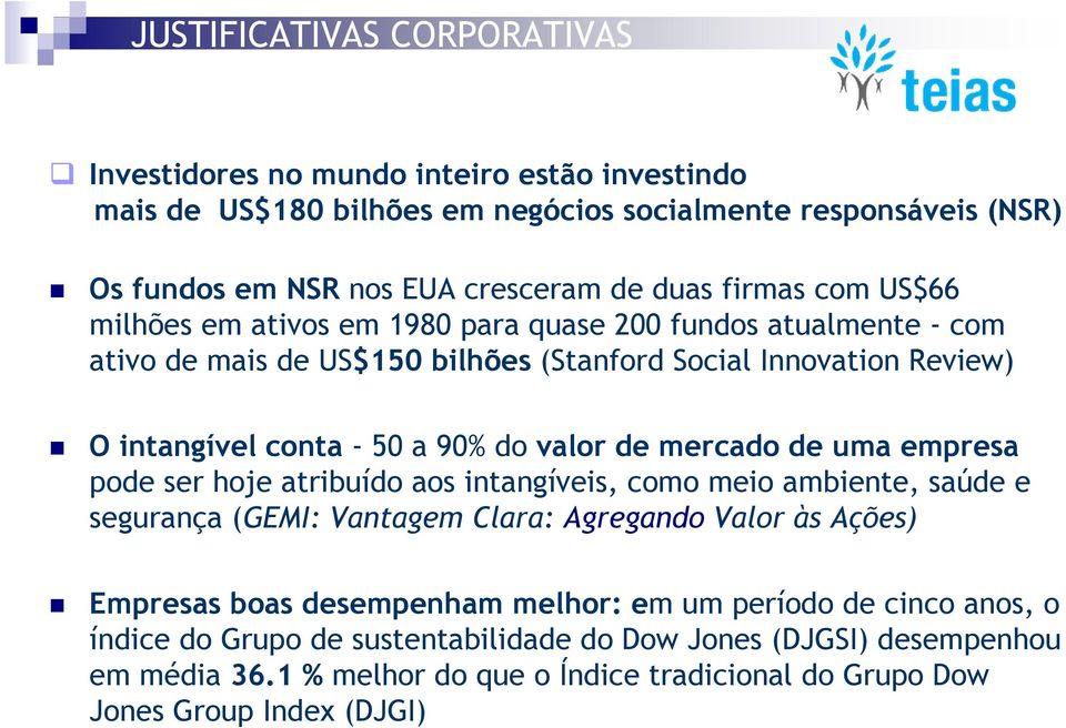 valor de mercado de uma empresa pode ser hoje atribuído aos intangíveis, como meio ambiente, saúde e segurança (GEMI: Vantagem Clara: Agregando Valor às Ações) Empresas boas desempenham