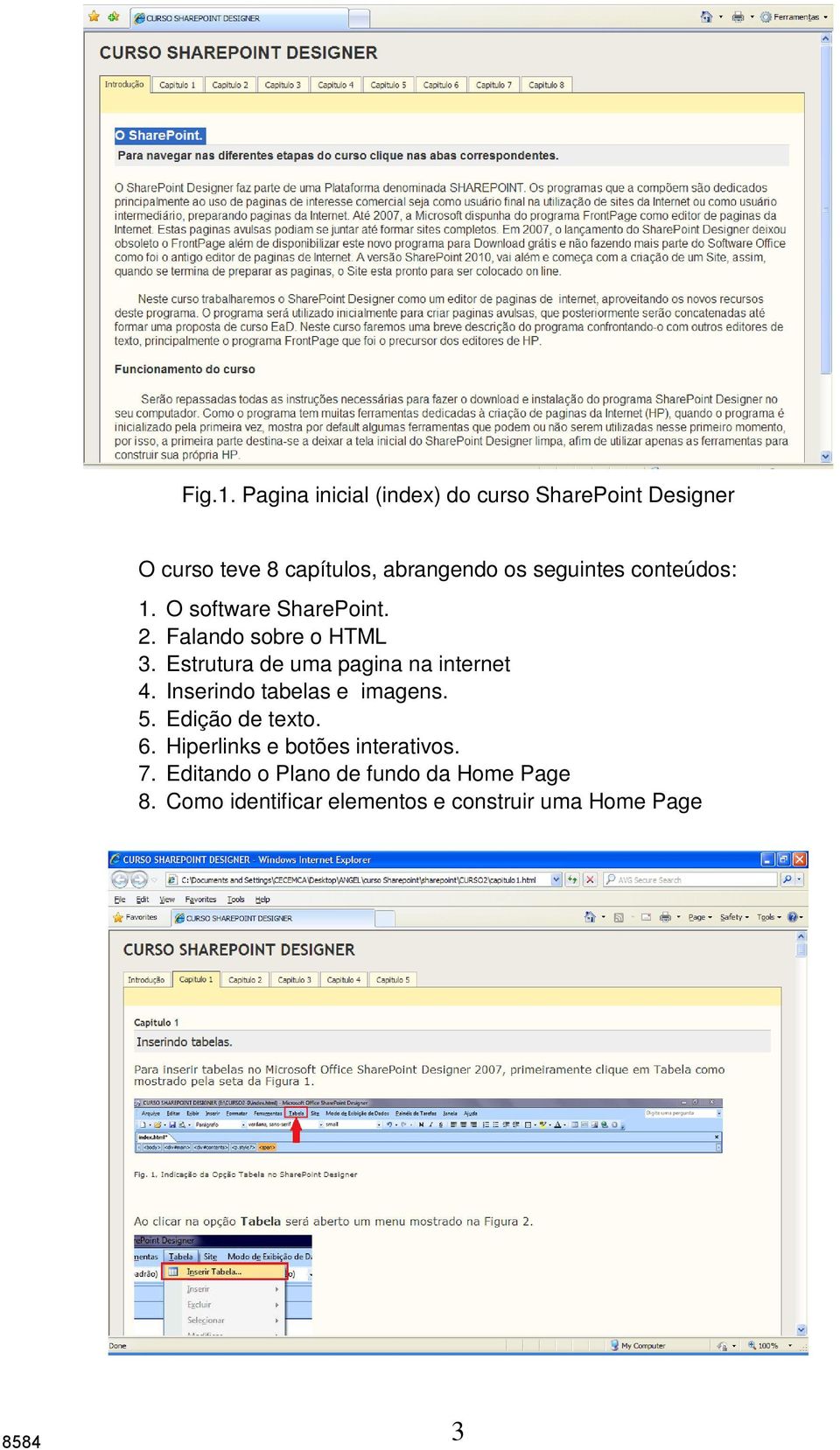 seguintes conteúdos: 1. O software SharePoint. 2. Falando sobre o HTML 3.