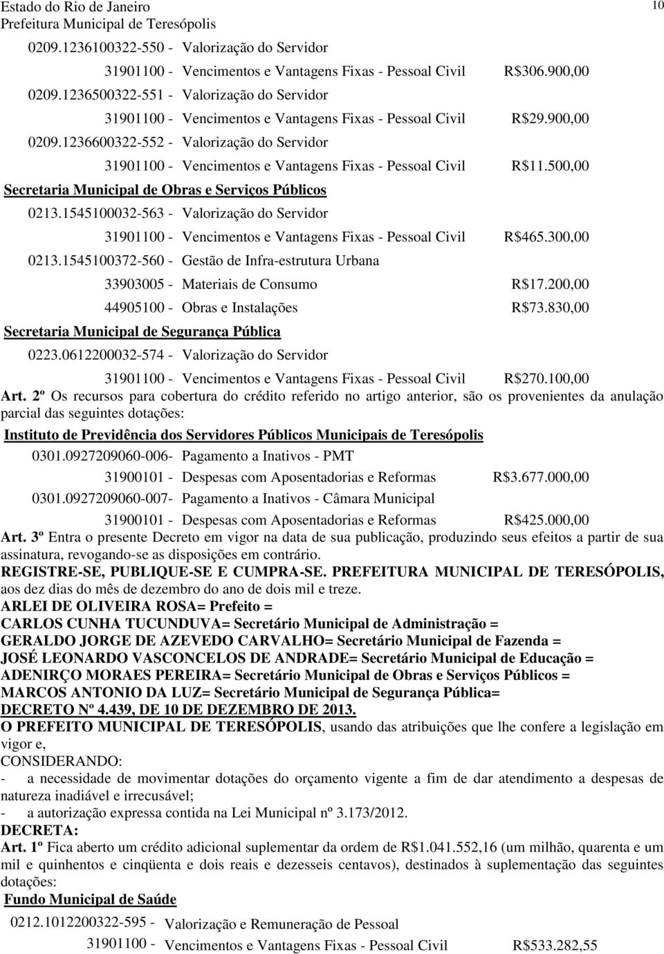 1236600322-552 - Valorização do Servidor 31901100 - Vencimentos e Vantagens Fixas - Pessoal Civil R$11.500,00 Secretaria Municipal de Obras e Serviços Públicos 0213.