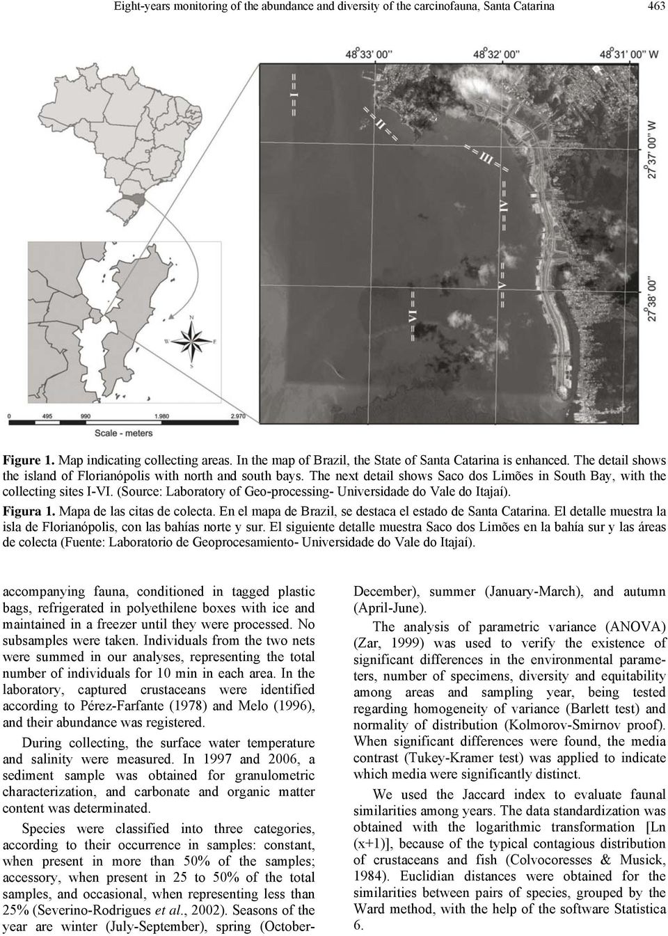 (Source: Laboratory of Geo-processing- Universidade do Vale do Itajaí). Figura 1. Mapa de las citas de colecta. En el mapa de Brazil, se destaca el estado de Santa Catarina.