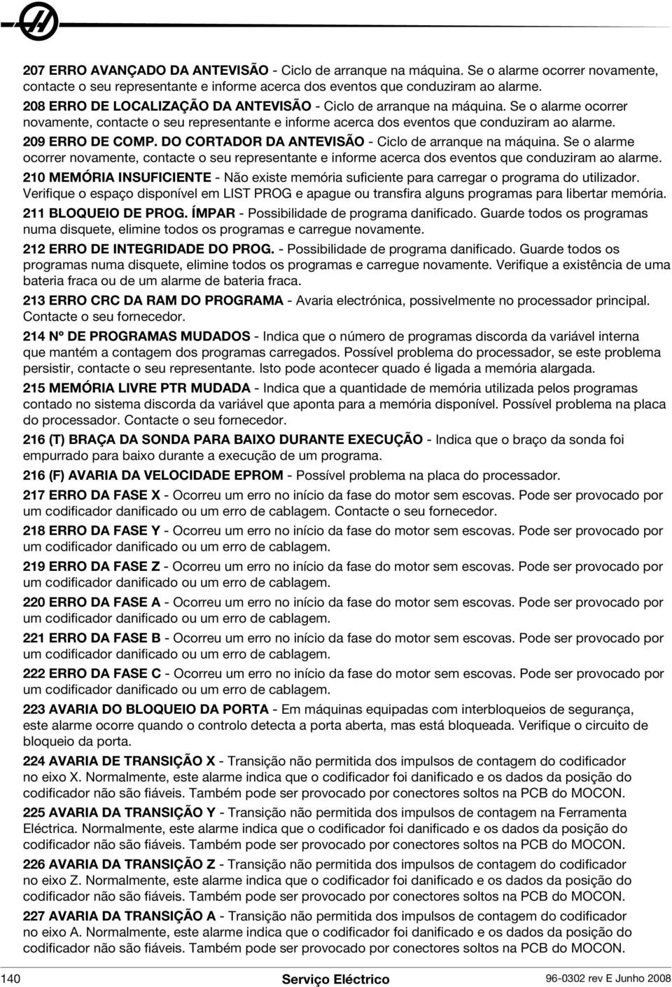 209 ERRO DE COMP. DO CORTADOR DA ANTEVISÃO - Ciclo de arranque na máquina. Se o alarme ocorrer novamente, contacte o seu representante e informe acerca dos eventos que conduziram ao alarme.