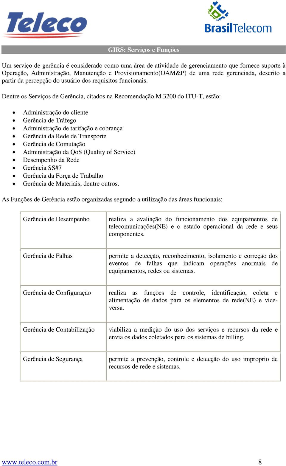 3200 do ITU-T, estão: Administração do cliente Gerência de Tráfego Administração de tarifação e cobrança Gerência da Rede de Transporte Gerência de Comutação Administração da QoS (Quality of Service)