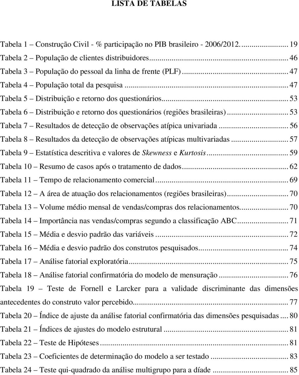 .. 53 Tabela 6 Distribuição e retorno dos questionários (regiões brasileiras)... 53 Tabela 7 Resultados de detecção de observações atípica univariada.