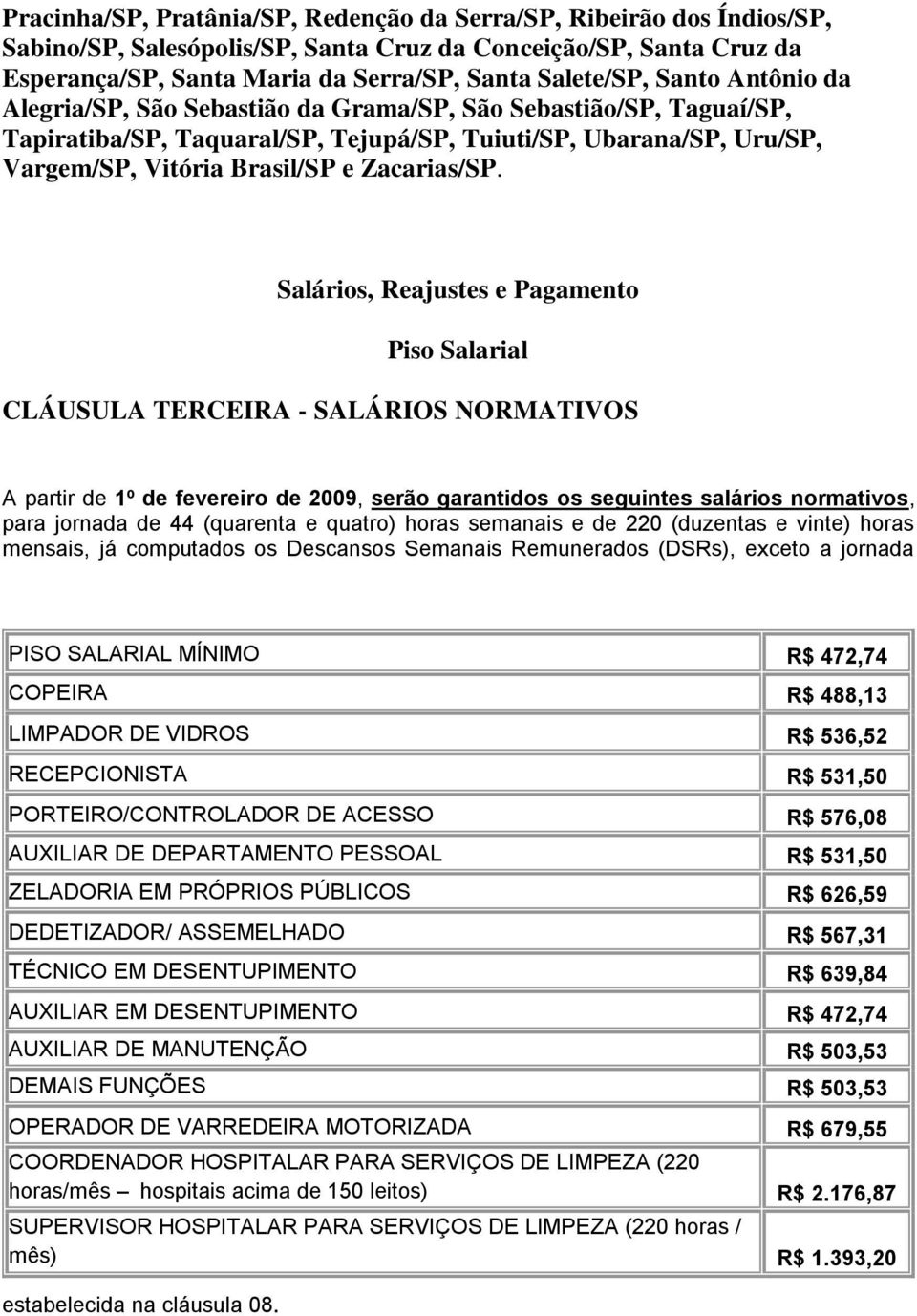 Salários, Reajustes e Pagamento Piso Salarial CLÁUSULA TERCEIRA - SALÁRIOS NORMATIVOS A partir de 1º de fevereiro de 2009, serão garantidos os seguintes salários normativos, para jornada de 44