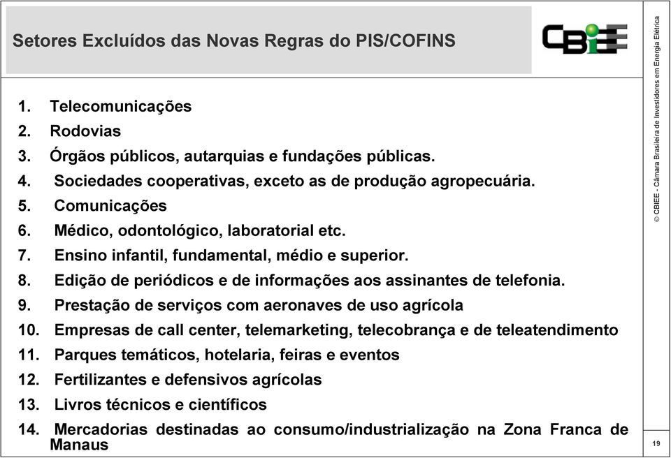 Edição de periódicos e de informações aos assinantes de telefonia. 9. Prestação de serviços com aeronaves de uso agrícola 10.