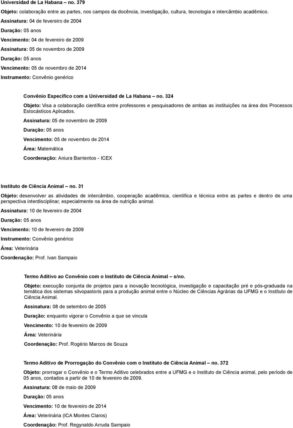 Universidad de La Habana no. 324 Objeto: Visa a colaboração científica entre professores e pesquisadores de ambas as instituições na área dos Processos Estocásticos Aplicados.