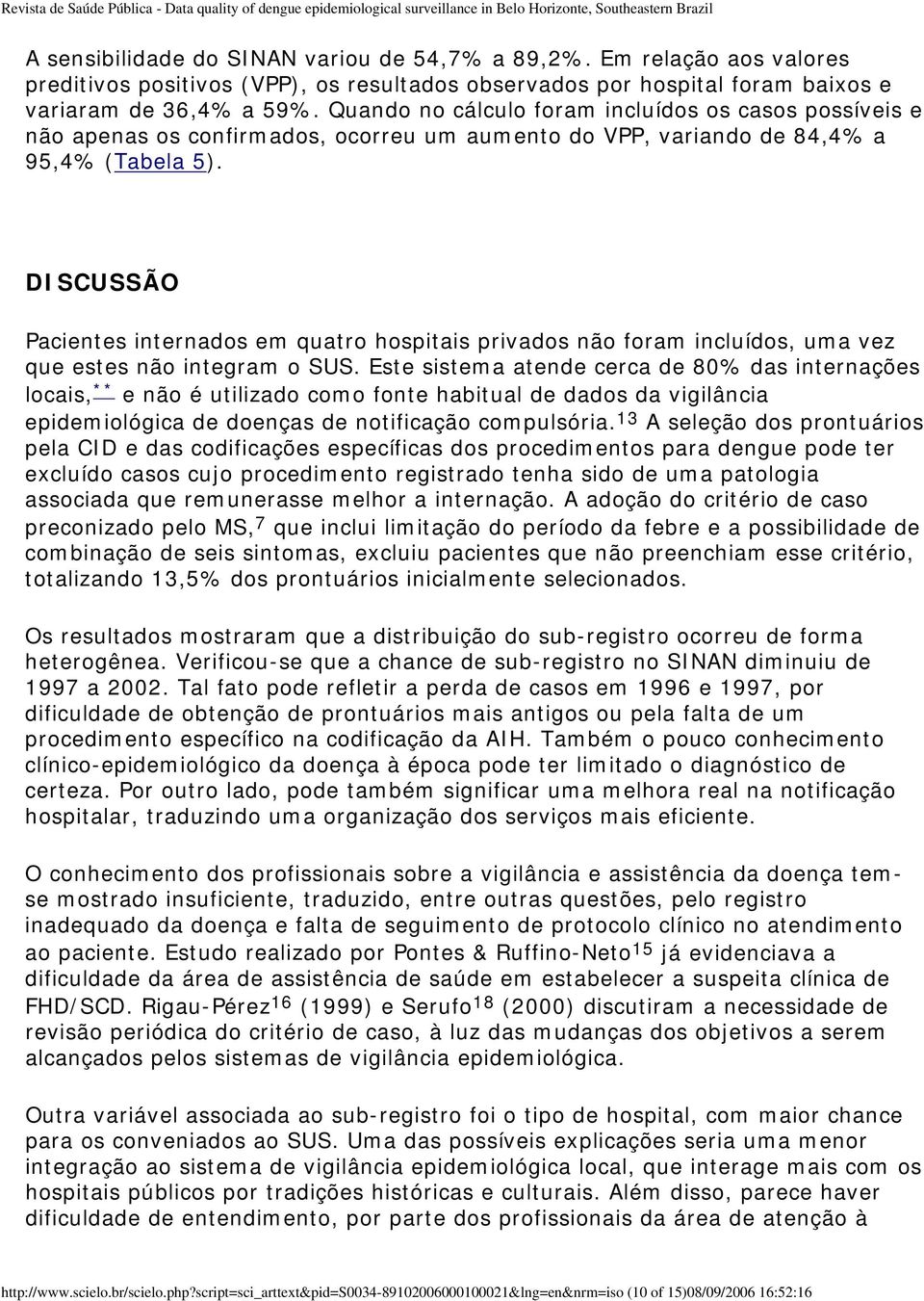 DISCUSSÃO Pacientes internados em quatro hospitais privados não foram incluídos, uma vez que estes não integram o SUS.