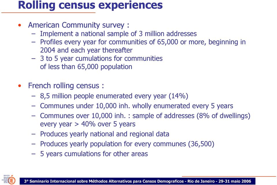 people enumerated every year (14%) Communes under 10,000 inh. wholly enumerated every 5 years Communes over 10,000 inh.