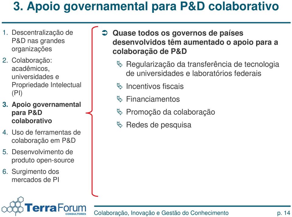 Uso de ferramentas de colaboração em P&D 5. Desenvolvimento de produto open-source 6.