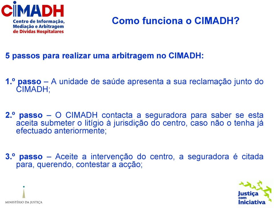 º passo O CIMADH contacta a seguradora para saber se esta aceita submeter o litígio à jurisdição do