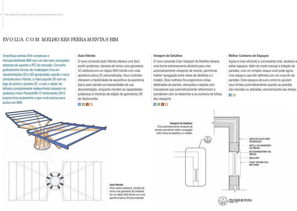 Converta graficamente formas de modelagem livre em representações 2 e 3 apropriadas usando o novo comando Auto Híbrido, e mais suporte 3 com as tags de portas e janelas 3, e com o objeto de telhado