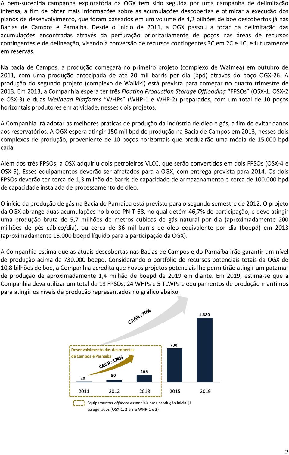 Desde o início de 2011, a OGX passou a focar na delimitação das acumulações encontradas através da perfuração prioritariamente de poços nas áreas de recursos contingentes e de delineação, visando à