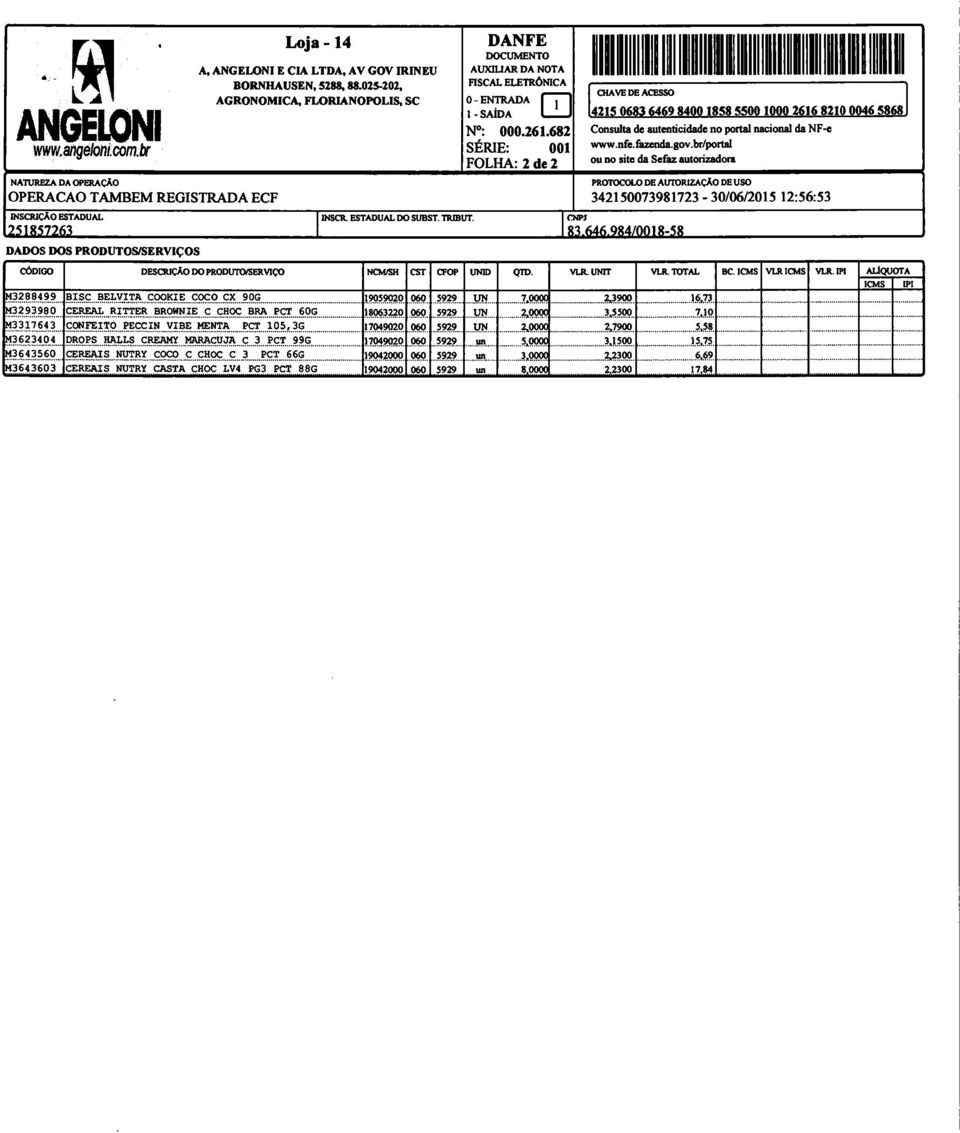 261.682 SÉRIE: 001 FOLHA: 2 de 2 I CHAVE DE ACESSO 4215 0683 6469 8400 1858 5500 1000 2616 8210 0046 5868 Consulta de autenticidade no portal nacional da NF-e www.nfelazenda.gov.