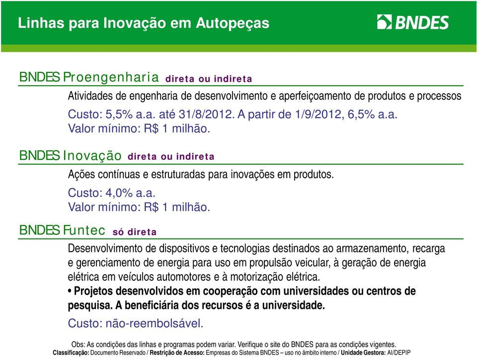 Ações contínuas e estruturadas para inovações em produtos. Custo: 4,0% a.a. Valor mínimo: R$ 1 milhão.