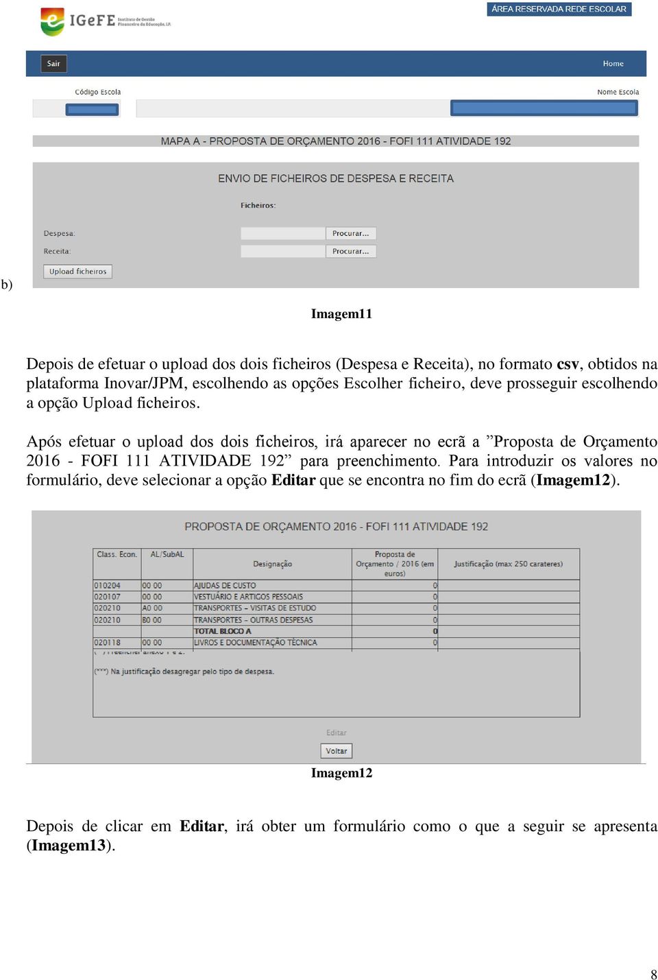 Após efetuar o upload dos dois ficheiros, irá aparecer no ecrã a Proposta de Orçamento 2016 - FOFI 111 ATIVIDADE 192 para preenchimento.