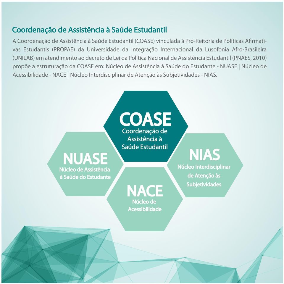 propõe a estruturação da COASE em: Núcleo de Assistência à Saúde do Estudante - NUASE Núcleo de Acessibilidade - NACE Núcleo Interdisciplinar de Atenção às Subjetividades - NIAS.