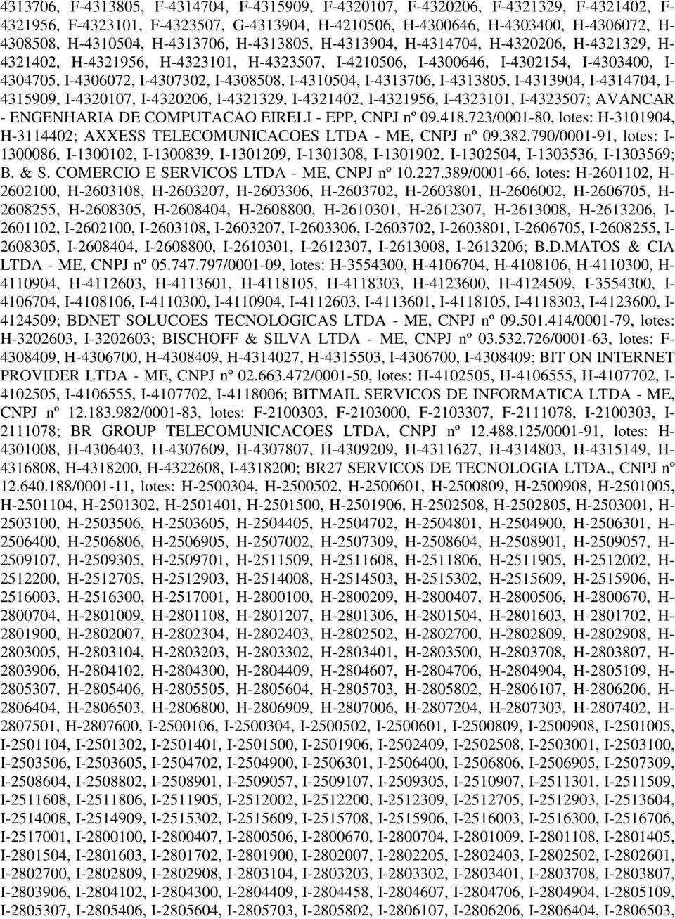 I-4310504, I-4313706, I-4313805, I-4313904, I-4314704, I- 4315909, I-4320107, I-4320206, I-4321329, I-4321402, I-4321956, I-4323101, I-4323507; AVANCAR - ENGENHARIA DE COMPUTACAO EIRELI - EPP, CNPJ