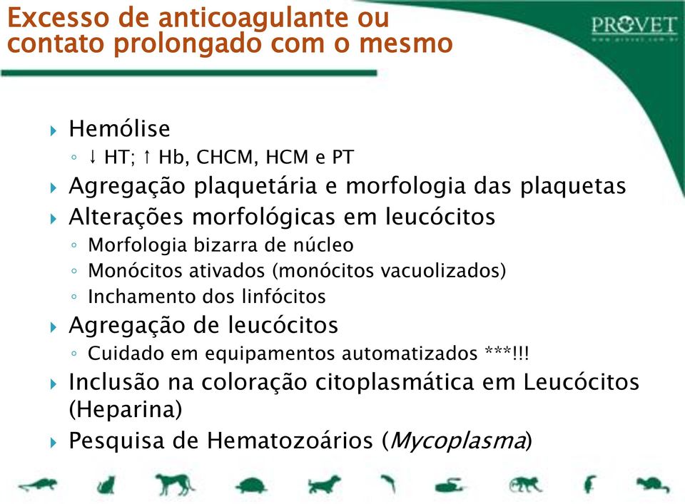 Monócitos ativados (monócitos vacuolizados) Inchamento dos linfócitos Agregação de leucócitos Cuidado em