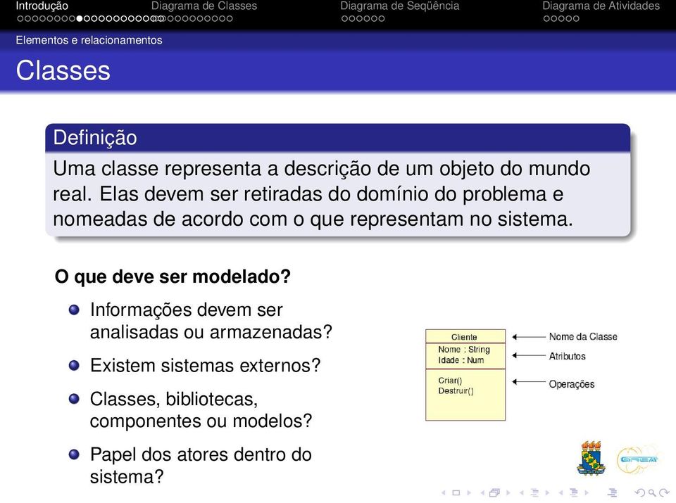 Elas devem ser retiradas do domínio do problema e nomeadas de acordo com o que representam no