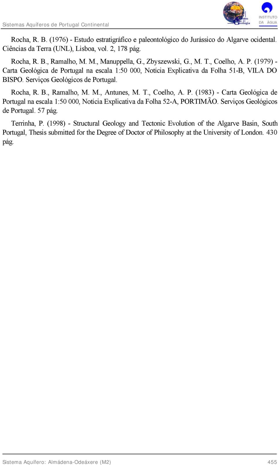 M., Antunes, M. T., Coelho, A. P. (1983) - Carta Geológica de Portugal na escala 1:50 000, Notícia Explicativa da Folha 52-A, PORTIMÃO. Serviços Geológicos de Portugal. 57 pág. Terrinha, P.