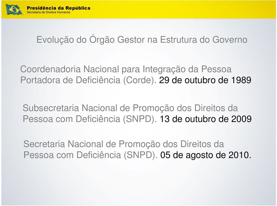 29 de outubro de 1989 Subsecretaria Nacional de Promoção dos Direitos da Pessoa com Deficiência (SNPD).