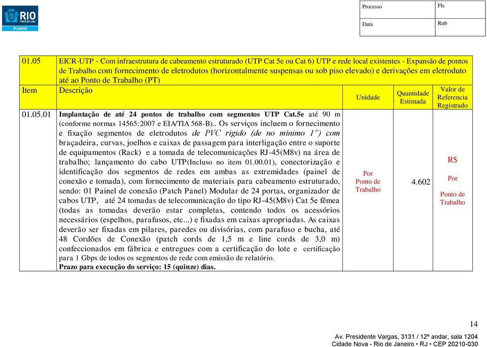 . Os serviços incluem o fornecimento e fixação segmentos de eletrodutos de PVC rígido (de no mínimo 1 ) com braçadeira, curvas, joelhos e caixas de passagem para interligação entre o suporte de