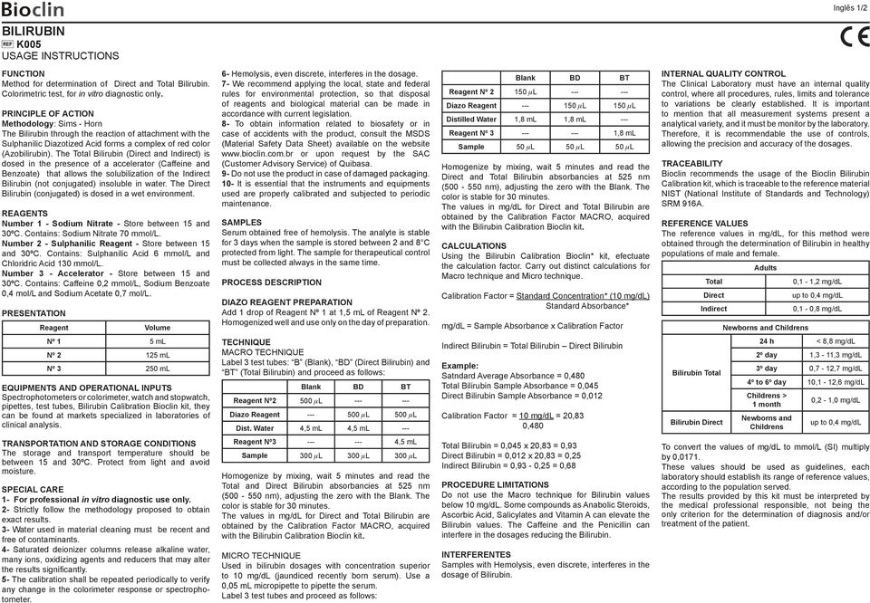 The Total Bilirubin (Direct and Indirect) is dosed in the presence of a accelerator (Caffeine and Benzoate) that allows the solubilization of the Indirect Bilirubin (not conjugated) insoluble in