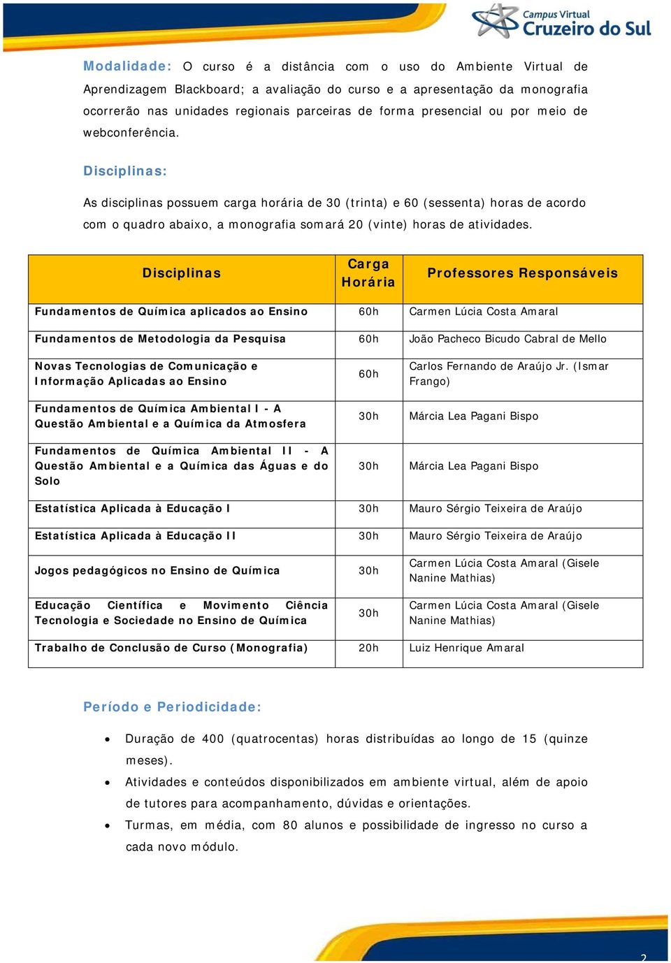 Disciplinas: As disciplinas possuem carga horária de 30 (trinta) e 60 (sessenta) horas de acordo com o quadro abaixo, a monografia somará 20 (vinte) horas de atividades.