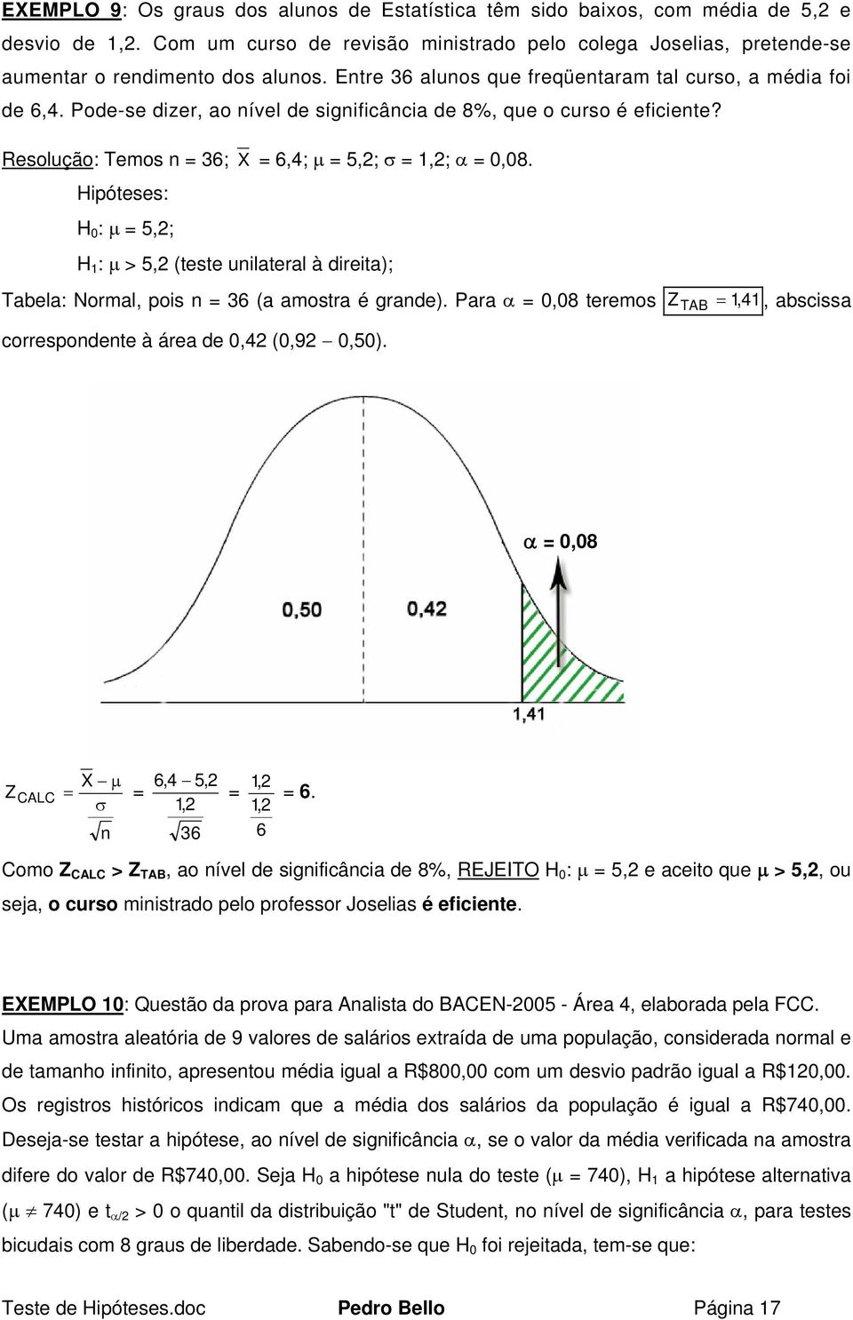 Hipóteses: H 0 : μ = 5,; H 1 : μ > 5, (teste uilateral à direita); Tabela: Normal, pois = 36 (a amostra é grade). Para = 0,08 teremos Z TAB = 1, 41, abscissa correspodete à área de 0,4 (0,9 0,50).