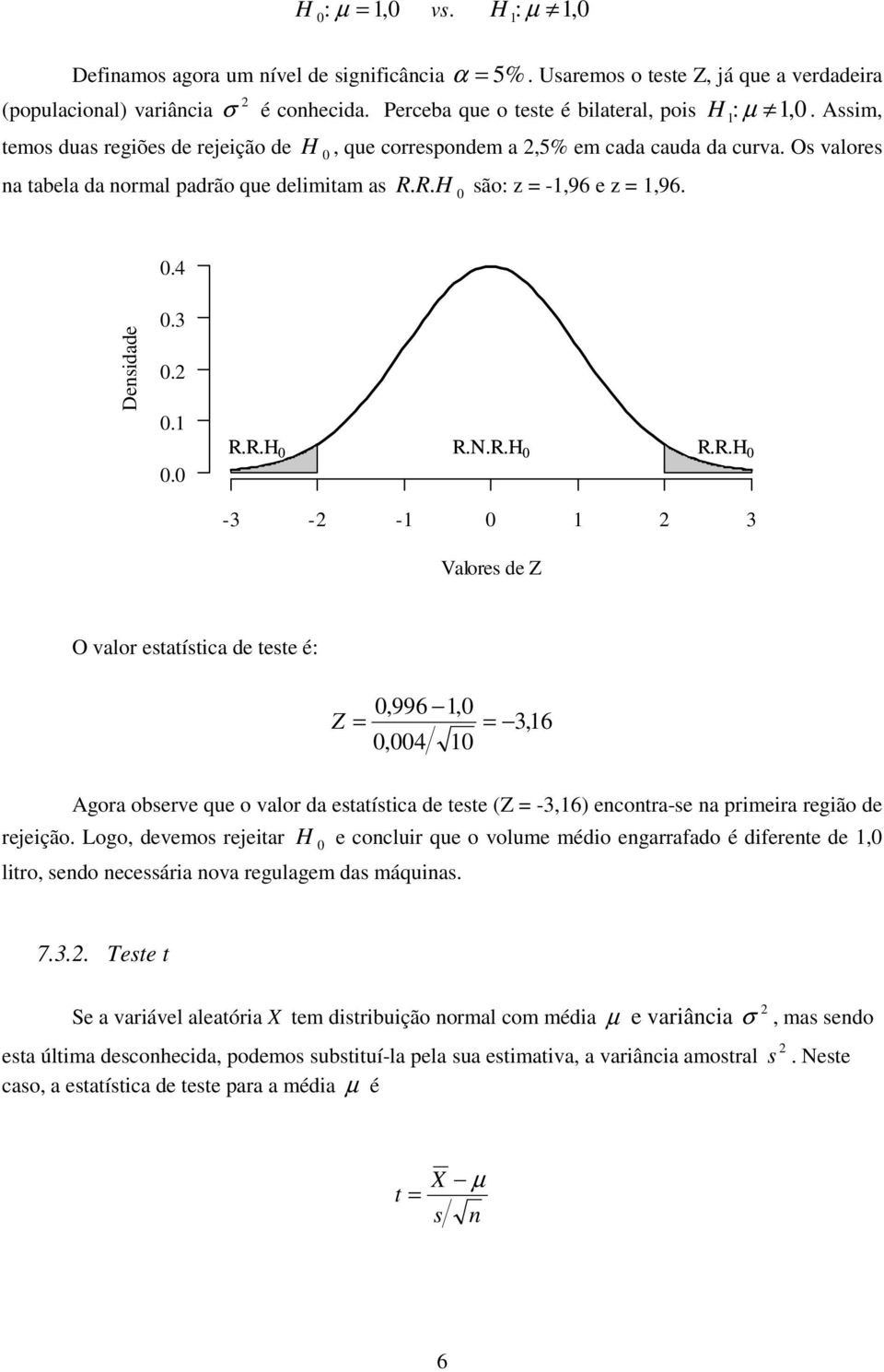 R. H são: z -,96 e z,96..4.3... R.R.H R.N.R.H R.R.H -3 - - 3 Valores de Z O valor estatística de teste é: Z,996,,4 3,6 Agora observe que o valor da estatística de teste (Z -3,6) encontra-se na primeira região de rejeição.