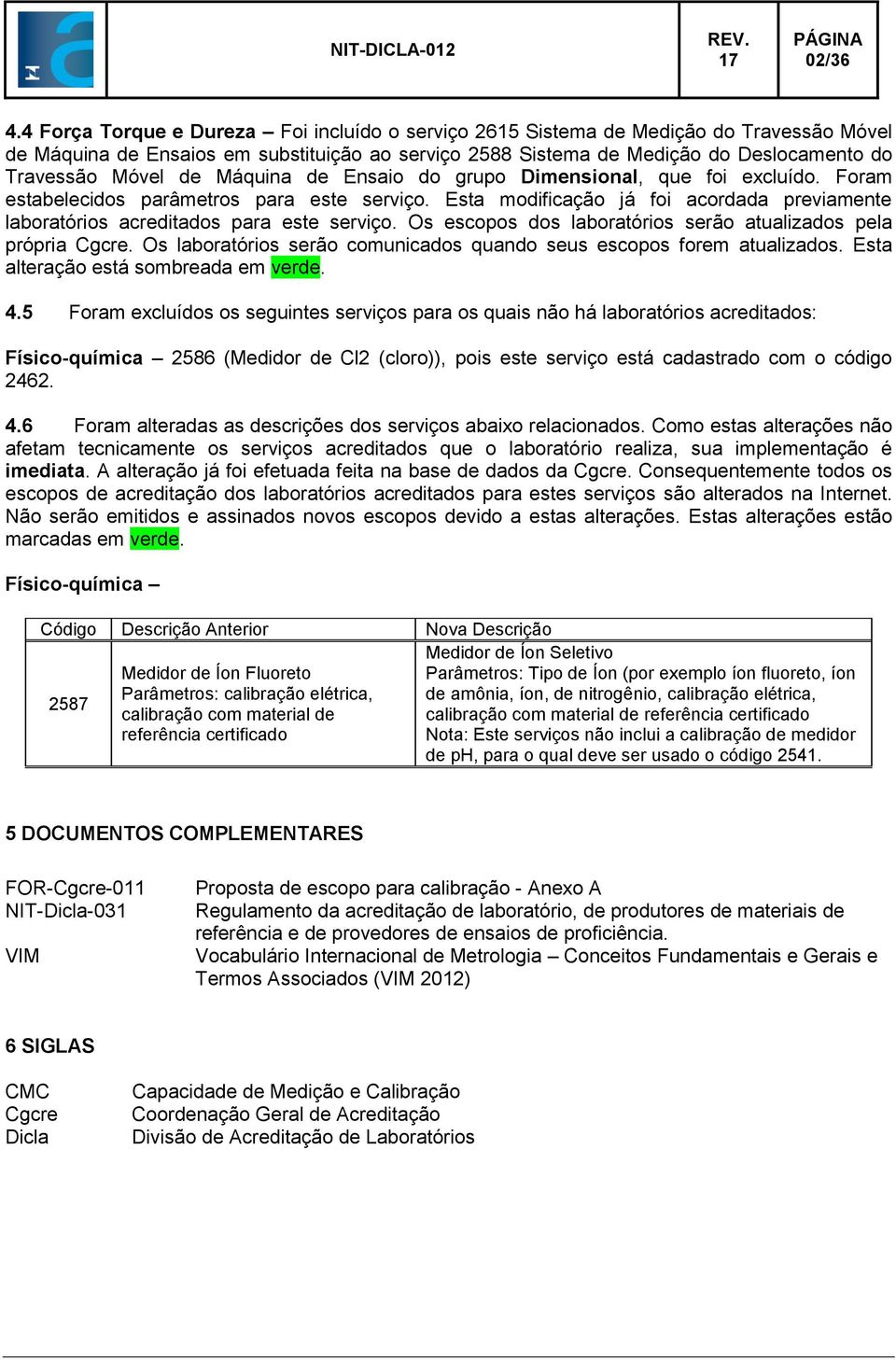 de Máquina de Ensaio do grupo Dimensional, que foi excluído. Foram estabelecidos parâmetros para este serviço. Esta modificação já foi acordada previamente laboratórios acreditados para este serviço.