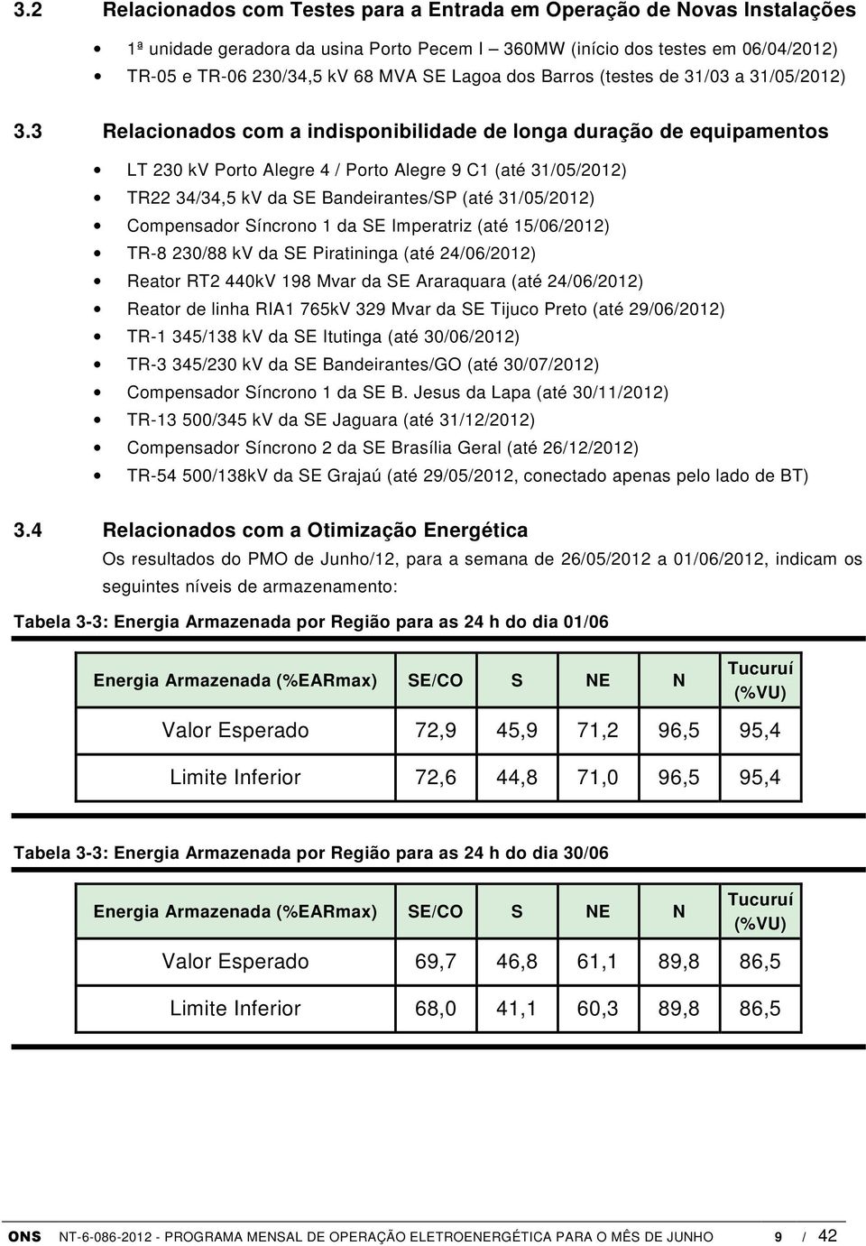 3 Relacionados com a indisponibilidade de longa duração de equipamentos LT 230 kv Porto Alegre 4 / Porto Alegre 9 C1 (até 31/05/2012) TR22 34/34,5 kv da SE Bandeirantes/SP (até 31/05/2012)