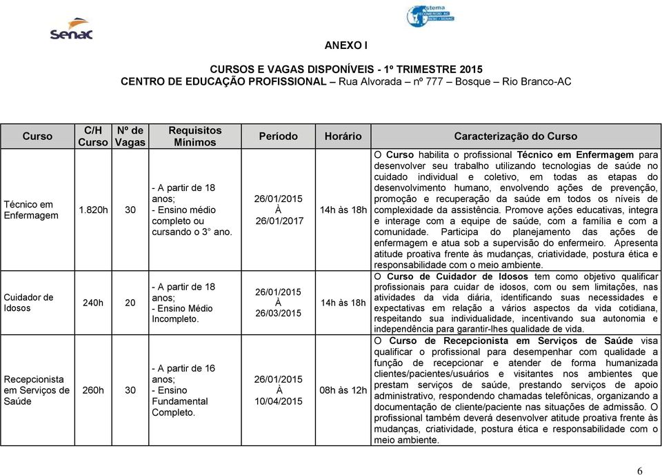 Médio - A partir de 16 Período Horário Caracterização do Curso 26/01/2017 26/03/2015 10/04/2015 08h às 12h O Curso habilita o profissional Técnico em Enfermagem para desenvolver seu trabalho