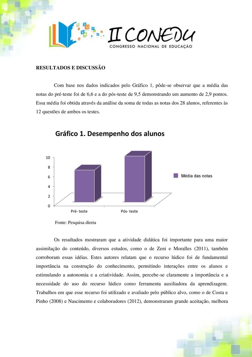 Desempenho dos alunos 10 8 6 Média das notas 4 2 0 Pré- teste Fonte: Pesquisa direta Pós- teste Os resultados mostraram que a atividade didática foi importante para uma maior assimilação do conteúdo,