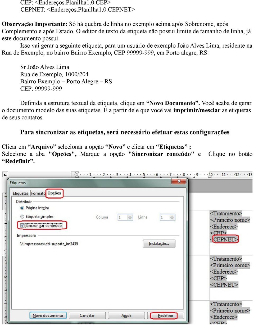 Isso vai gerar a seguinte etiqueta, para um usuário de exemplo João Alves Lima, residente na Rua de Exemplo, no bairro Bairro Exemplo, CEP 99999-999, em Porto alegre, RS: Sr João Alves Lima Rua de