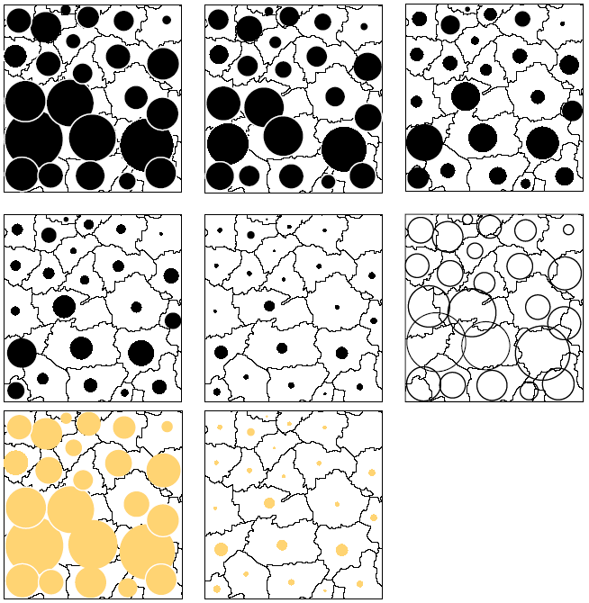 Devido a variabilidade dos dados os círculos podem resultar muito grandes ou muitos pequenos, devem ser adequados a escala do mapa multiplicando ou dividindo todos os raios por uma constante K.