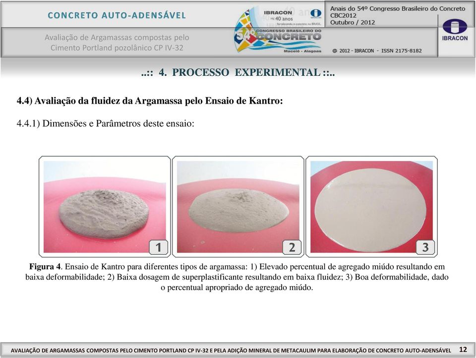 dosagem de superplastificante resultando em baixa fluidez; 3) Boa deformabilidade, dado o percentual apropriado de agregado miúdo.