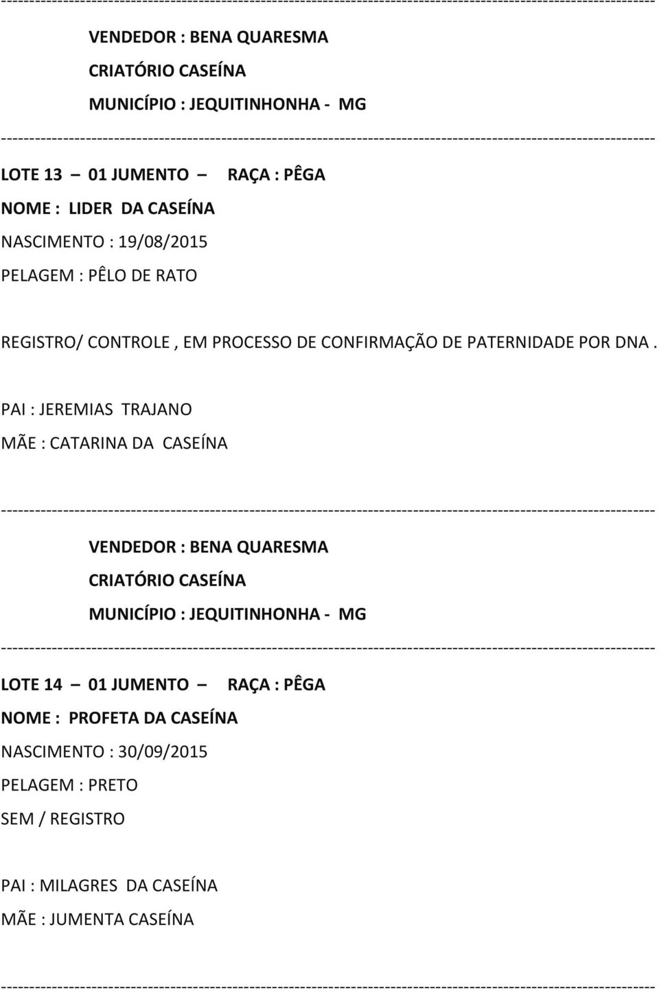 PAI : JEREMIAS TRAJANO MÃE : CATARINA DA CASEÍNA LOTE 14 01 JUMENTO RAÇA : PÊGA NOME : PROFETA